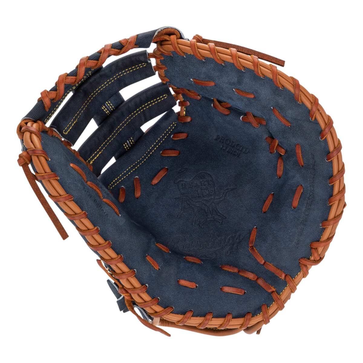 Top-down view of a blue baseball mitt with tan lacing and PROUDED 13 INCH text.