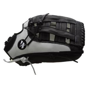 Side view of a black and white softball glove with a woven web and a circular logo.