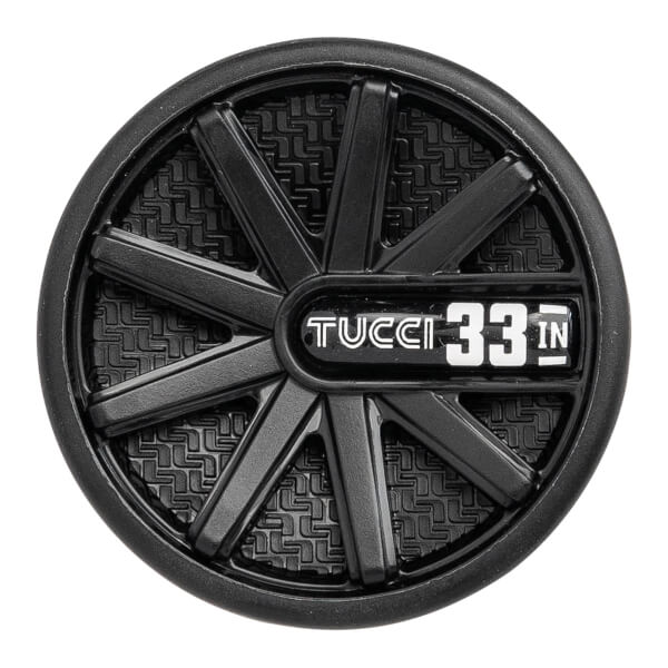 Top-down view of the circular black end cap featuring a spoke design and the text "TUCCI 33 IN" displayed in white.