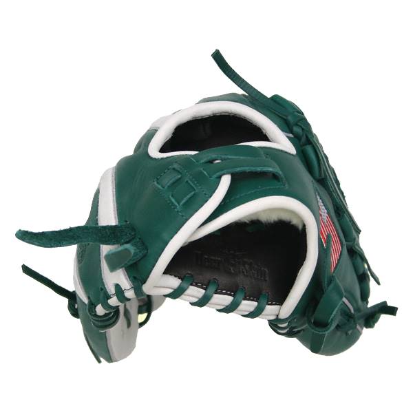 Front view of a green baseball glove with white trim and an American flag detail.
