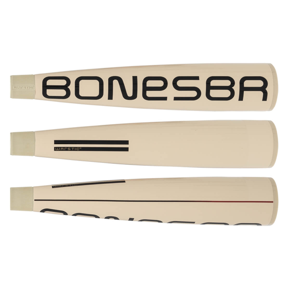 Three distinct side views of a cream baseball bat with BONESBR text, WARSTIC logo, and a red stripe.