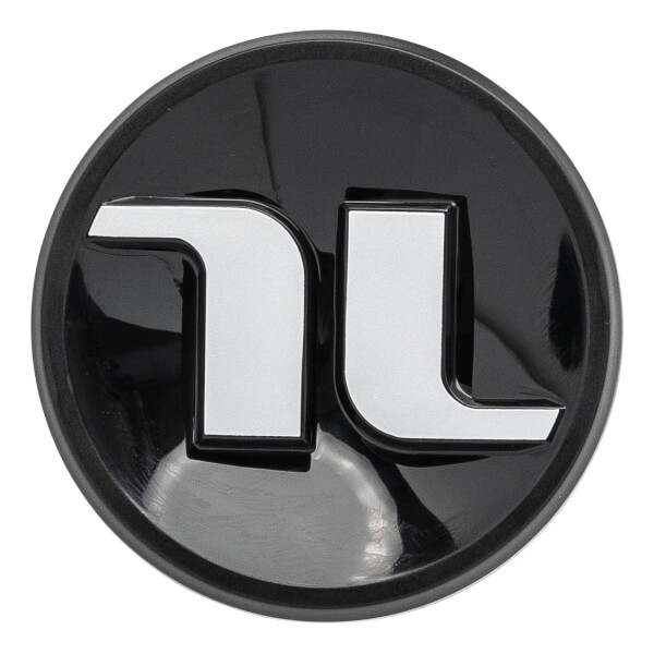 Close-up view of the circular black bat knob featuring a stylized silver TL logo with a glossy finish.