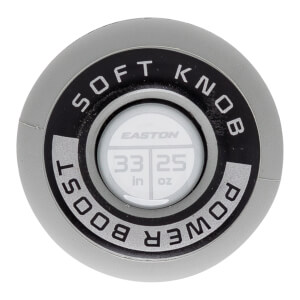 Top-down close-up of a gray bat end cap with EASTON logo, 33 in 25 oz, and SOFT KNOB POWER BOOST text.