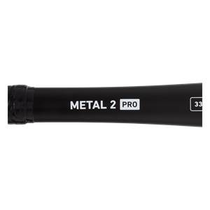 Close-up of a black baseball bat with METAL 2 PRO and 33 printed in white.