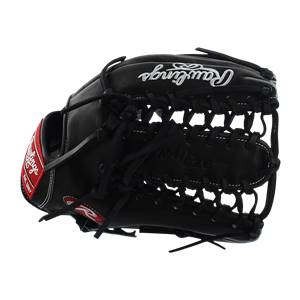 Side view of a black Rawlings baseball glove with white stitching and red accents.