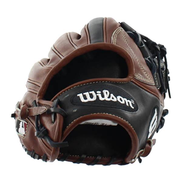 Top-down view of a brown and black baseball glove with Wilson branding and MLB logo.