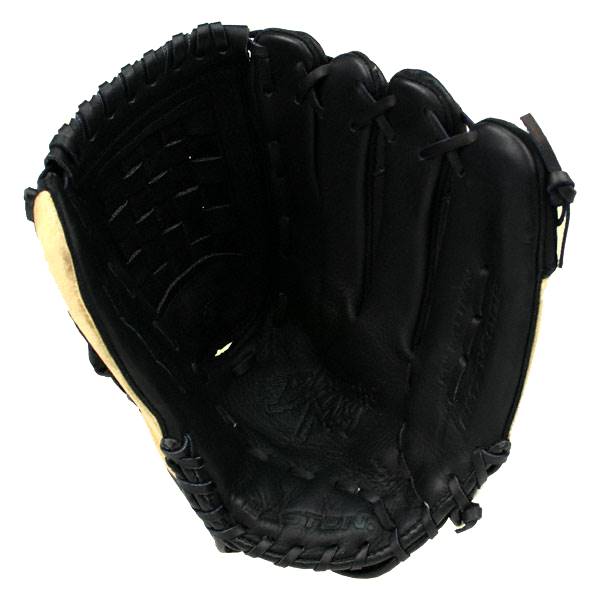 Top-down view of a black baseball glove with tan lining and visible lacing.