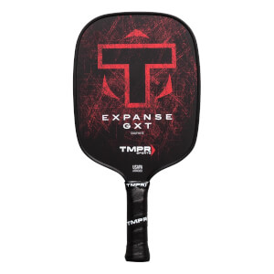 Front view of a black pickleball paddle with a red T logo, EXPANSE GXT text, and a textured grip.