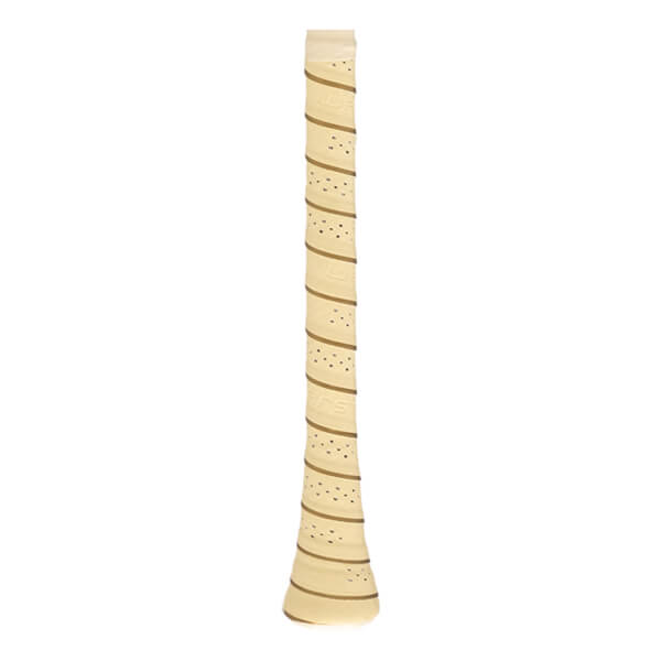 Close-up of a tan baseball bat grip with spiral dark tan stripes, perforations, and WARSTIC branding.