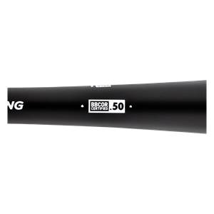 Side view of a black baseball bat with BBCOR CERTIFIED .50 text.