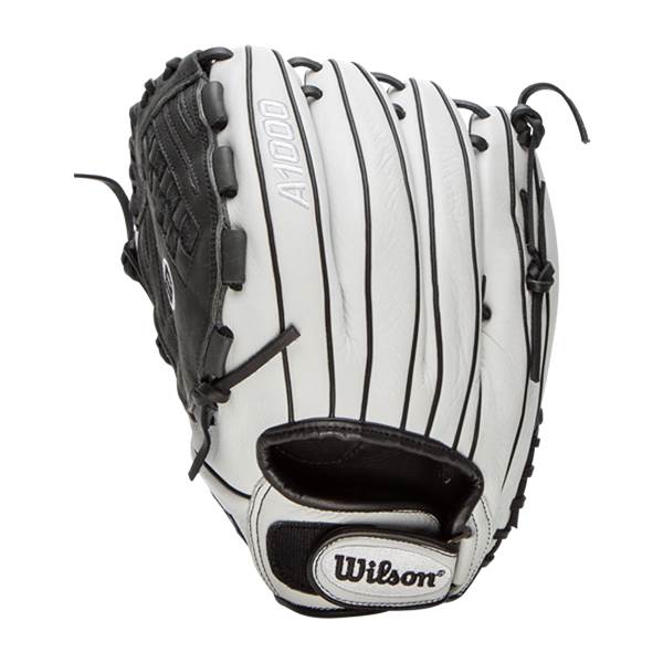 Top-down view of a white and black Wilson A1000 fastpitch softball glove with A1000 text and black lacing.