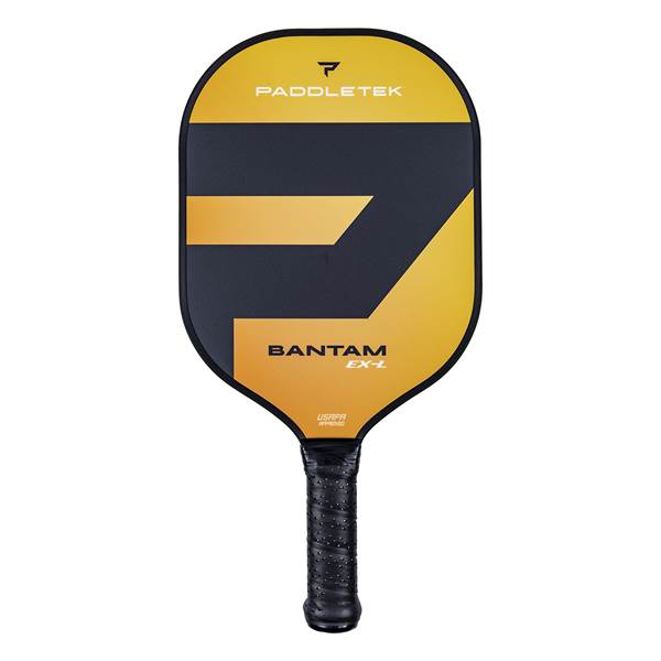 Front view of a black and yellow pickleball paddle with PADDLETEK, BANTAM EX-L, and USAPA APPROVED text.