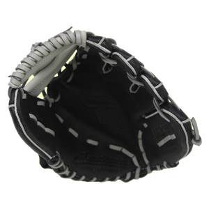 Top-down view of a black baseball glove with white stitching and a padded wrist strap.