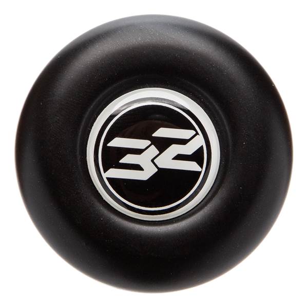 Top-down view of a black baseball bat end cap with a white 32 logo.