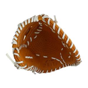 Top-down view of an orange baseball glove with white stitching and WHITE LINE text.
