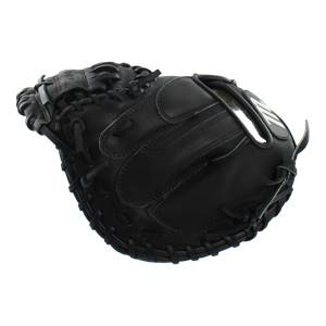 Side view of a black catchers mitt with white Marucci branding and detailed lacing.