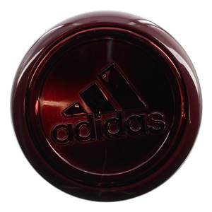 Top-down view of a red baseball bat end cap with the embossed Adidas logo.