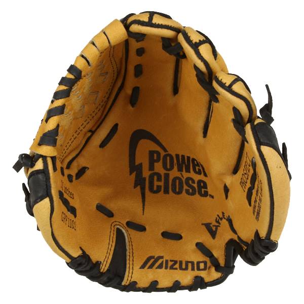 Inside view of a tan baseball glove with Power Close and Mizuno branding.