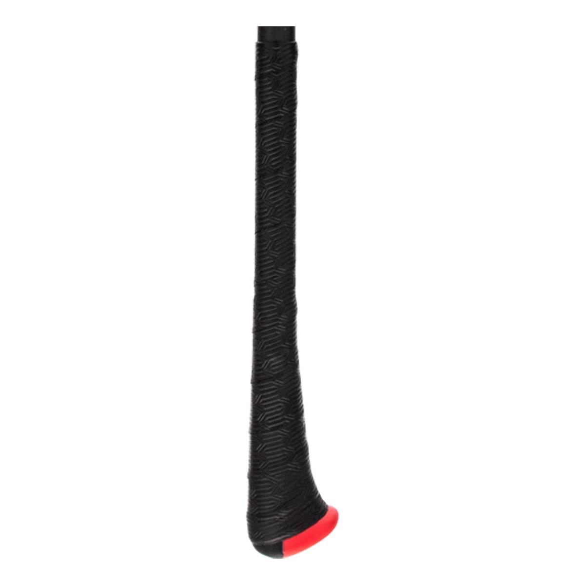Close-up of a black baseball bat handle with a textured grip and red end cap.