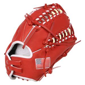 Side view of a scarlet baseball glove with white lacing and an embroidered American flag.