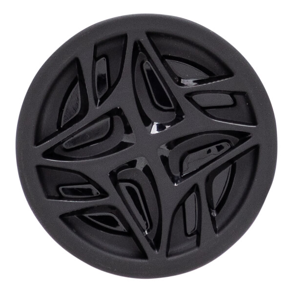 Top-down view of a black bat end cap with a glossy abstract geometric pattern on a matte surface.