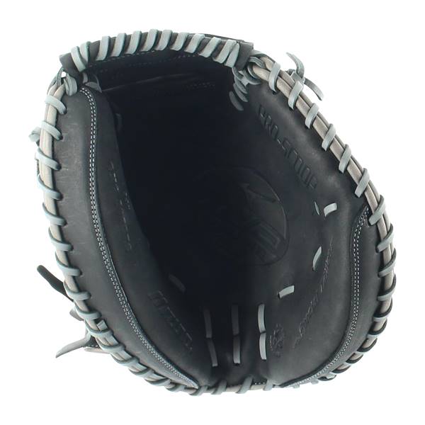 Top-down view of a black catchers mitt with light gray lacing and PRO-SMOOTH text.