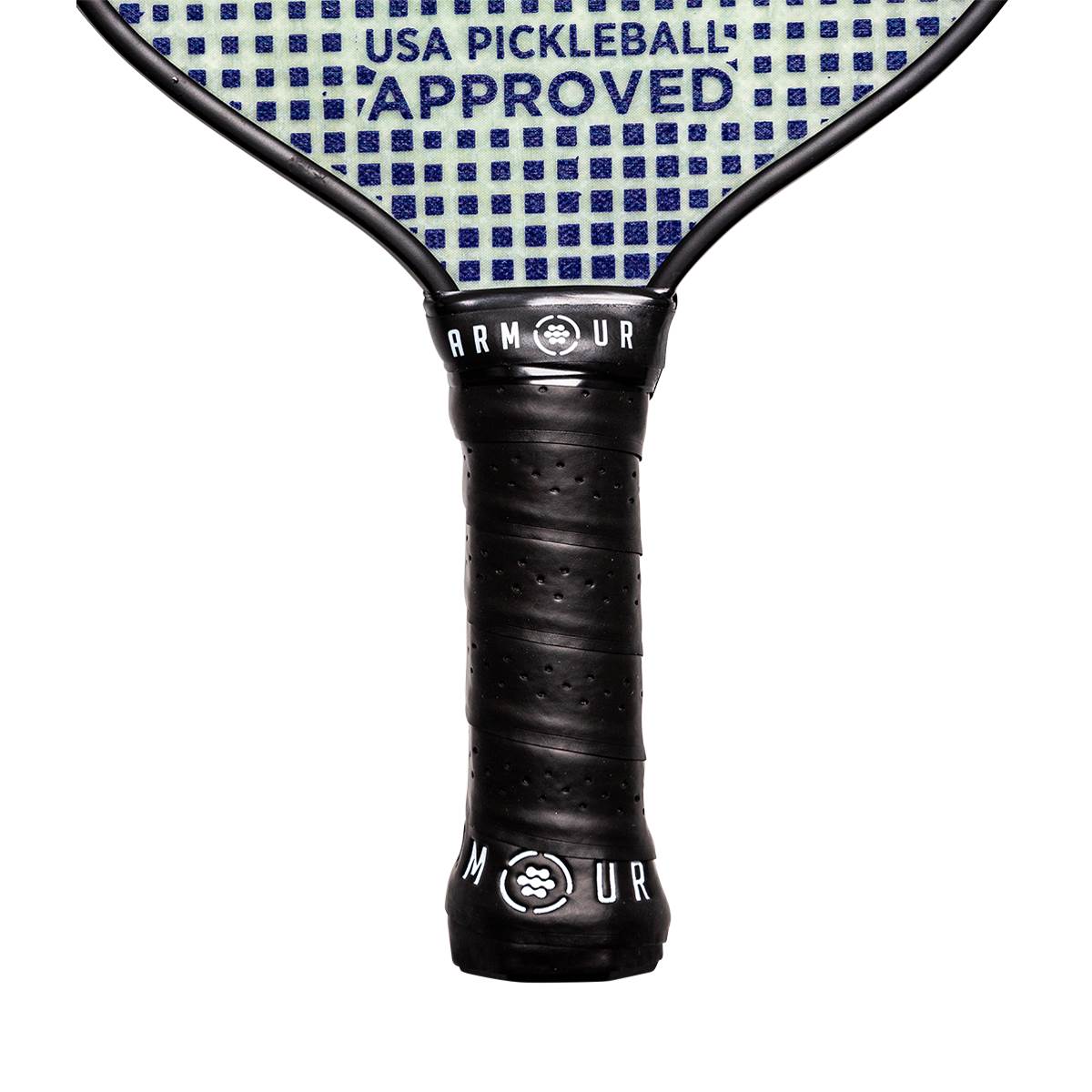 Top-down view of a black pickleball paddle with USA PICKLEBALL APPROVED text and ARMOUR branding.