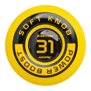 Top-down view of a yellow baseball bat knob with black text reading EASTON, 31, HYPE, SOFT KNOB, and POWER BOOST.