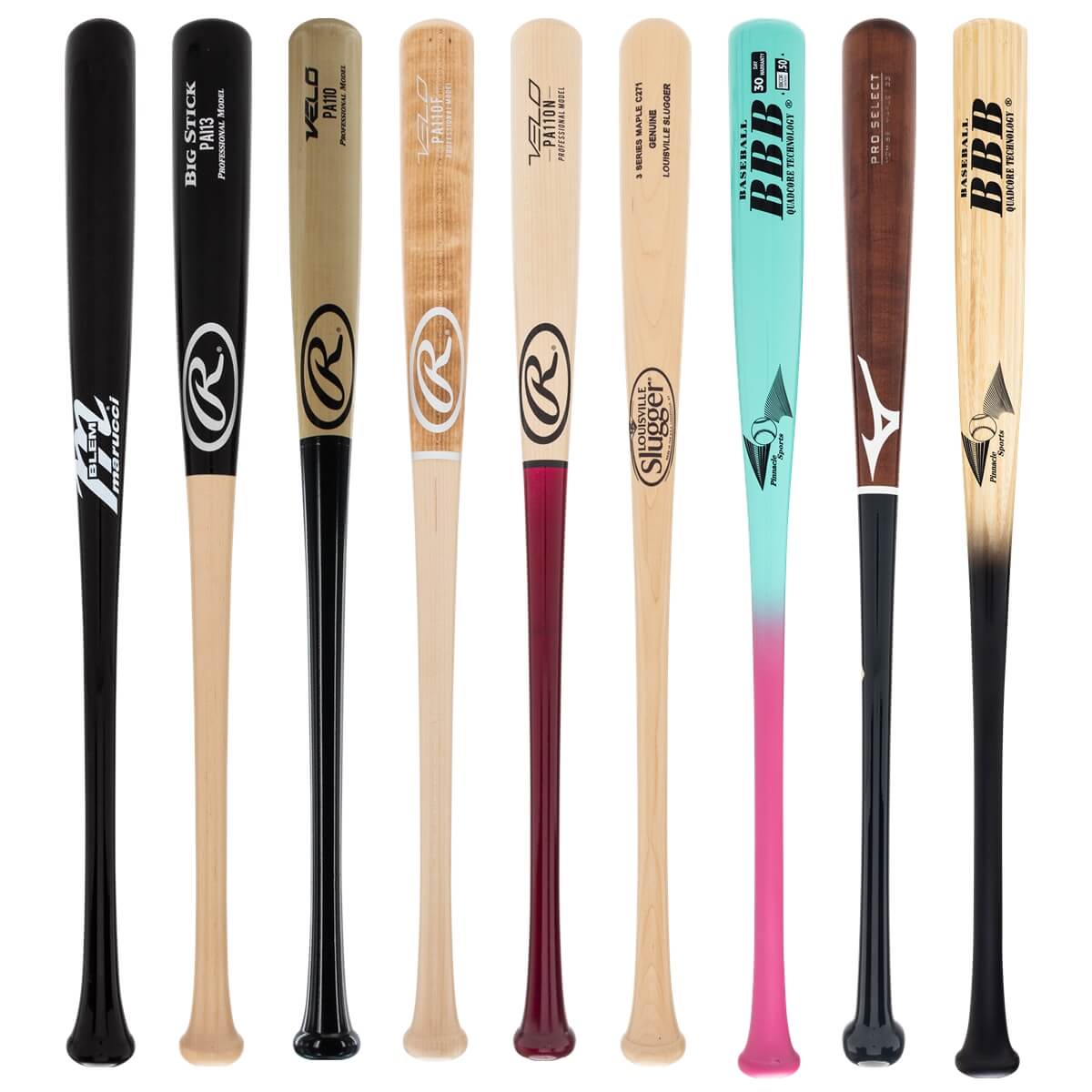 A selection of popular bats available in our Adult Wood 3-Pack Gold