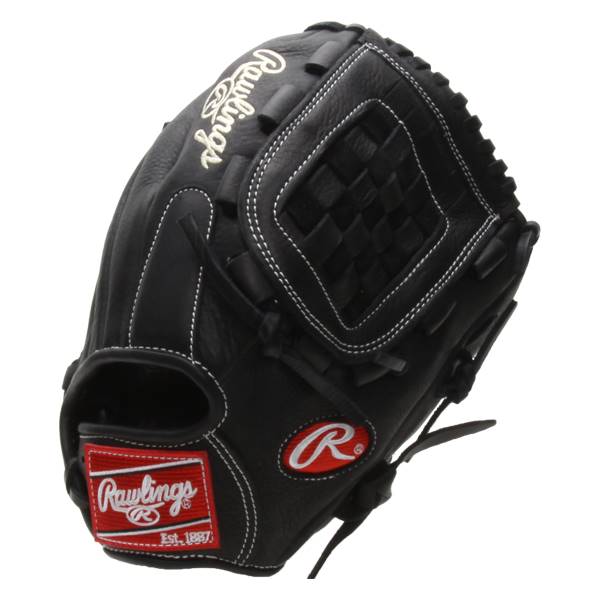 Side view of a black baseball glove with white stitching, a checkered web, and Rawlings branding.