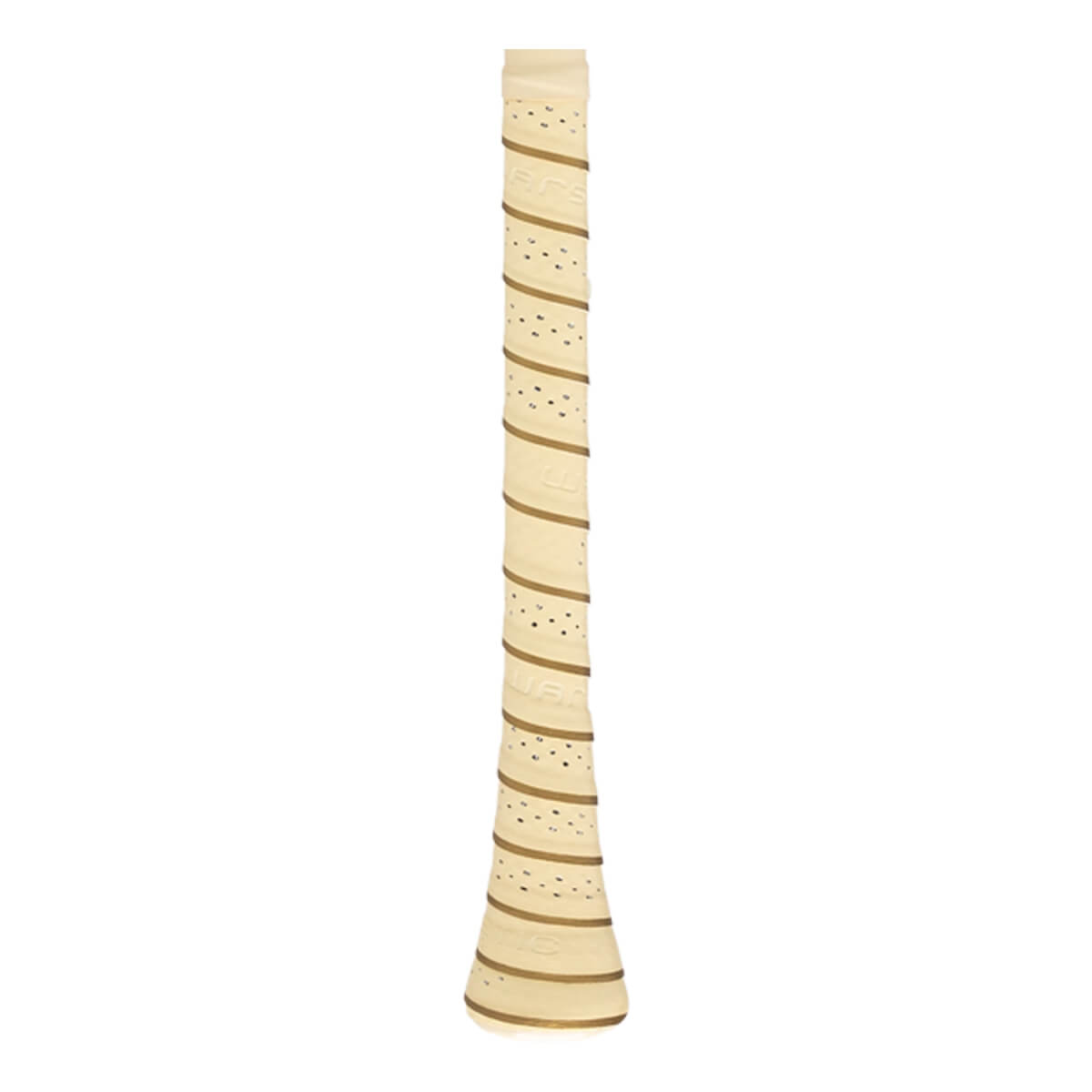 Close-up of a cream bat grip with spiraled dark tan stripes, a perforated surface, and WARSTIC text.