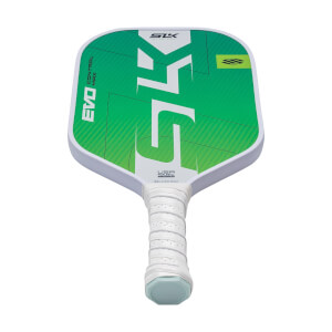 Top-down view of a green and white pickleball paddle with SLK logo and EVO CONTROL MAX text.
