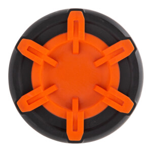 Top-down view of a black and orange baseball bat end cap with six orange prongs.