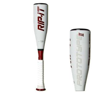 Front view of a white baseball bat with red RIP-IT branding and a white grip.