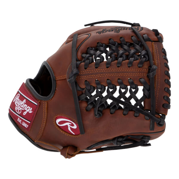 Side view of a brown baseball glove with black lacing and a Rawlings logo.
