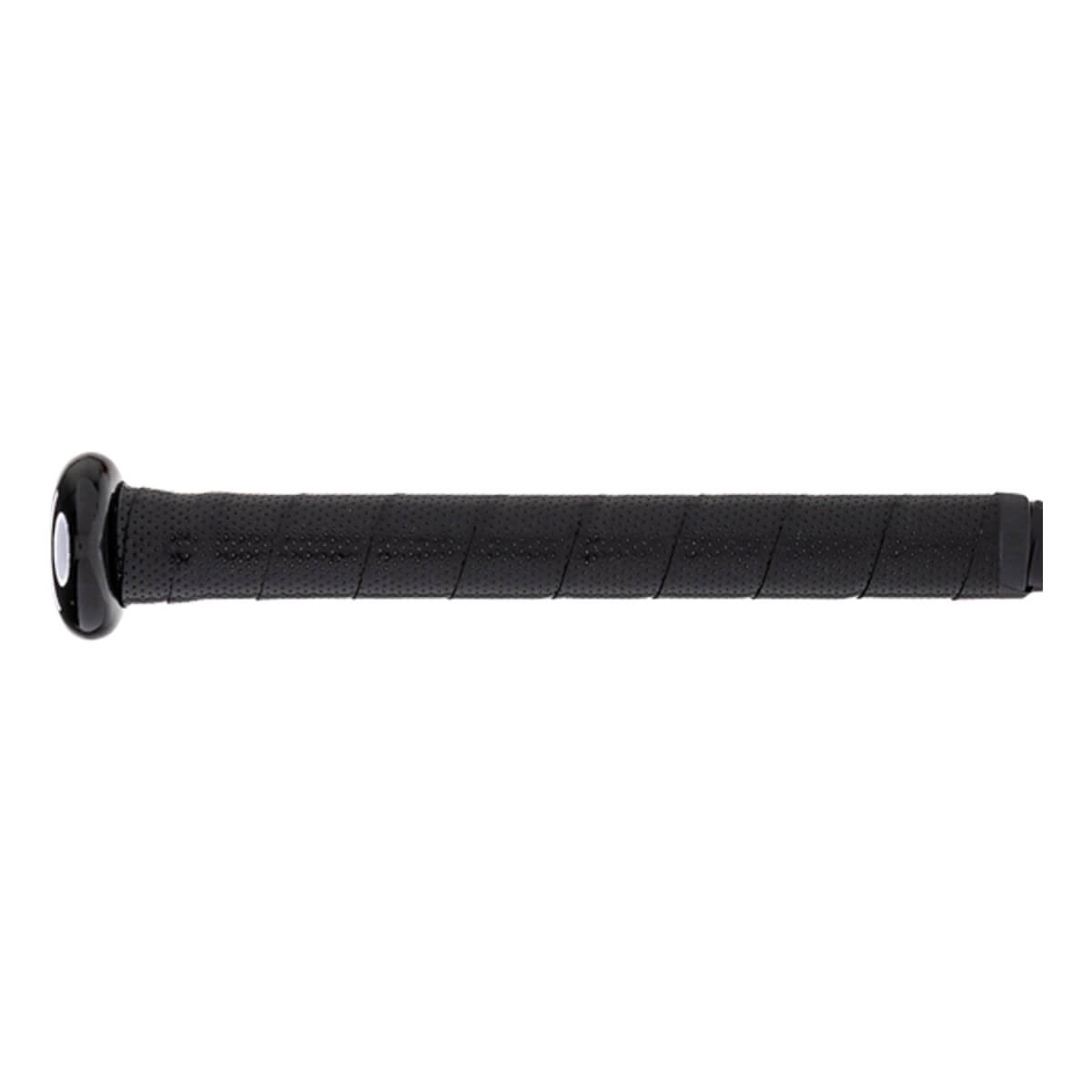 Side view of a black baseball bat with a perforated grip and a shiny black knob.