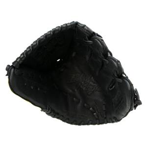 Top-down view of a black baseball glove with a deep pocket and stitched finger stalls.