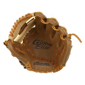 Interior view of a brown baseball glove with Global Elite and Mizuno branding.