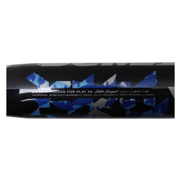 Side view of a black baseball bat with blue geometric patterns and approval text.
