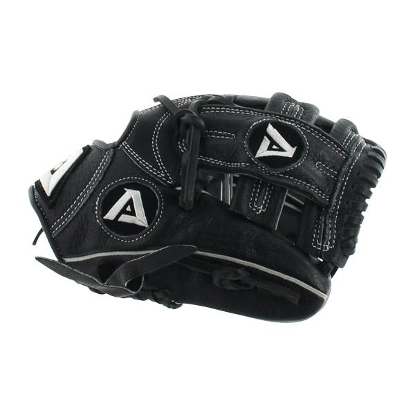 Side view of a black baseball glove with white stitching and a white A logo.