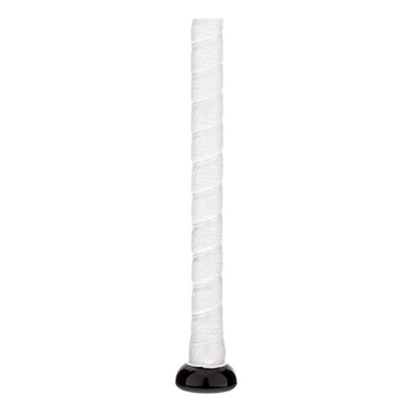 Close-up of a white baseball bat grip with a black knob.