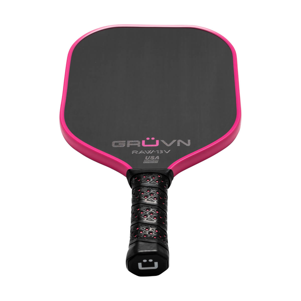 Front view of a black pickleball paddle with a pink edge, GRUVN RAW-13V text, and a textured grip.