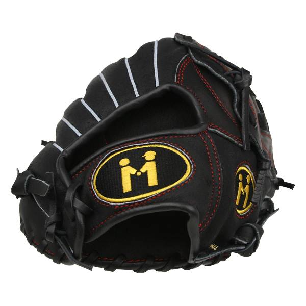 Side view of a black baseball glove with red stitching and a yellow M logo.