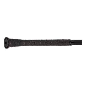 Side view of a black baseball bat with a textured grip and black end cap.