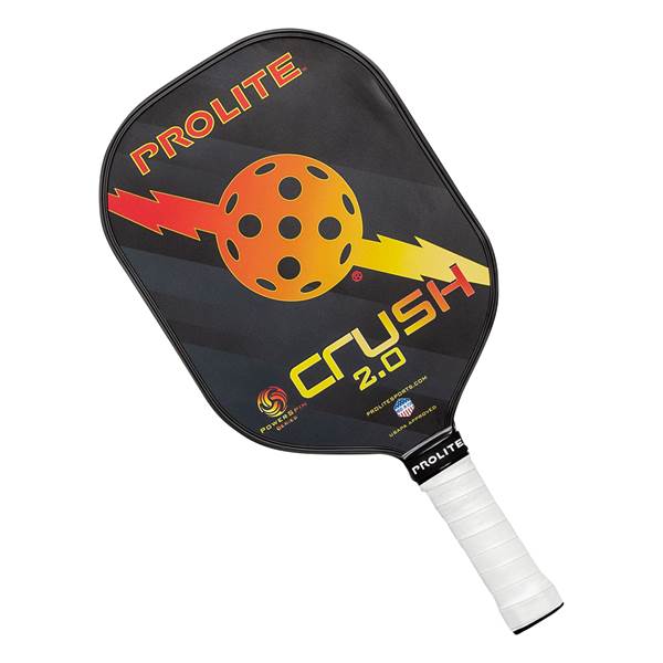 Front view of a black pickleball paddle with PROLITE CRUSH 2.0 text, a pickleball graphic, and a white grip.