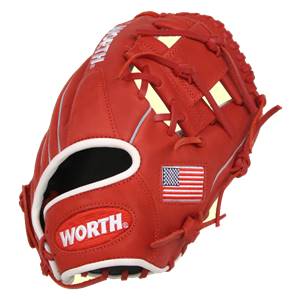 Front view of a red baseball glove with white trim, WORTH logo, and American flag patch.