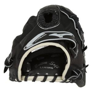 Front view of a black baseball glove with Butter Soft LINING and Mizuno branding.