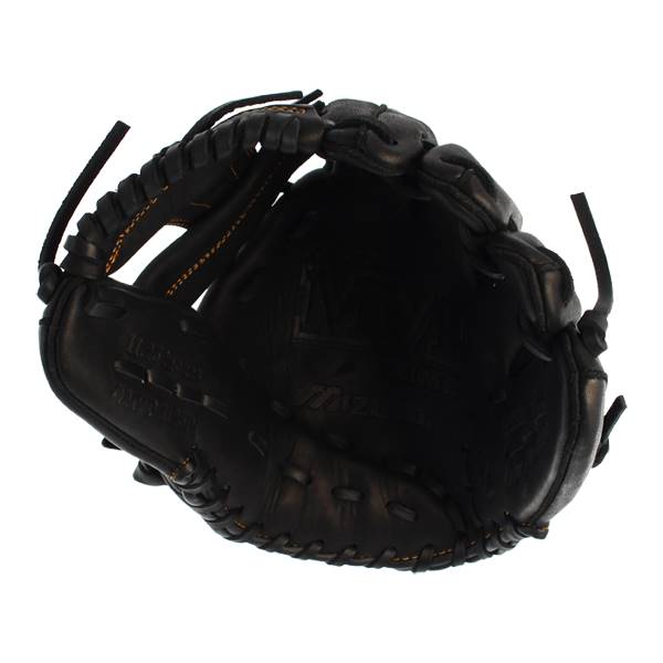 Top-down view of a black baseball glove with tan stitching and a Mizuno logo.