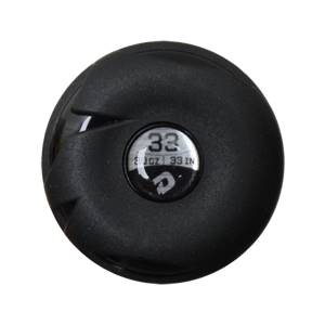 End view of a black baseball bat with a circular cap showing 33 and 33 IN.