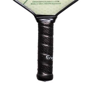 Close-up of a black pickleball paddle grip with textured pattern and Engage logo.